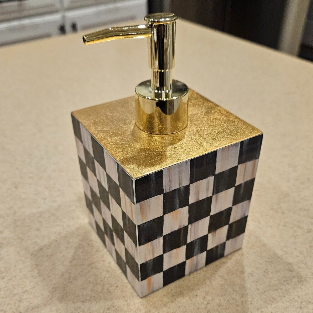 RARE MACKENZIE CHILDS COURTLY CHECK BATH KITCHEN SOAP LOTION DISPENSER PUMP JAR - Picture 4 of 8